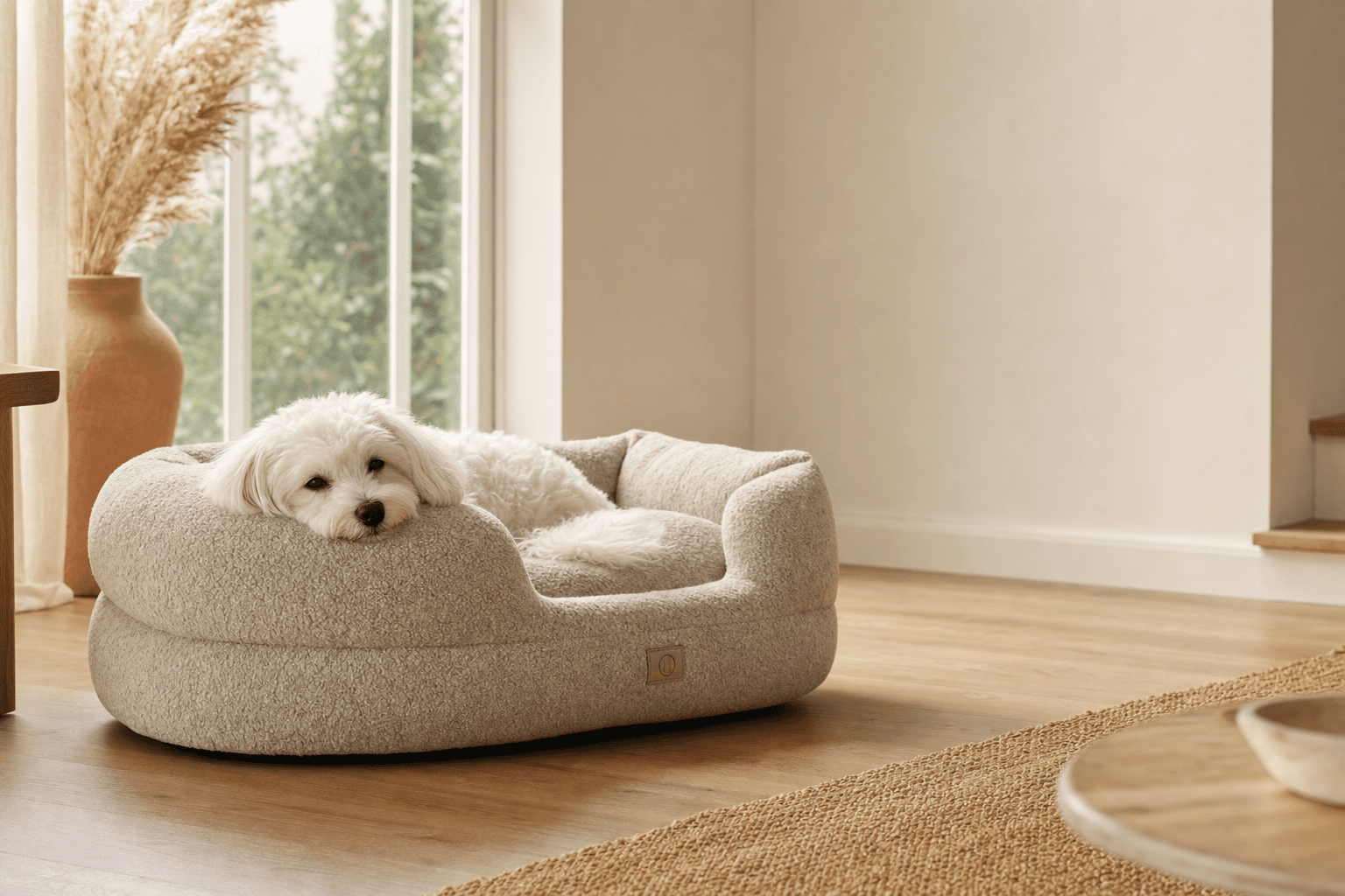 A small dog resting in a luxury bouclé bed